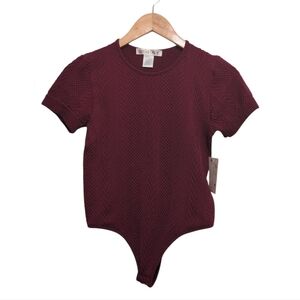 Boutique Bodysuit Textured Body Suit Short Sleeve Burgundy Wine Color One Size